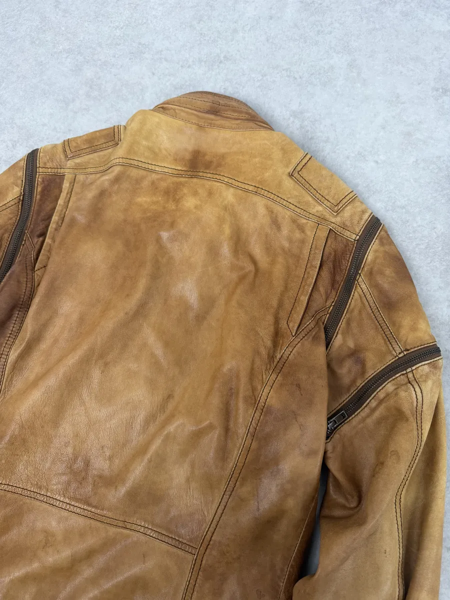 2000s Diesel Sun Faded Brown Multi-Zip Leather Jacket - Image 8