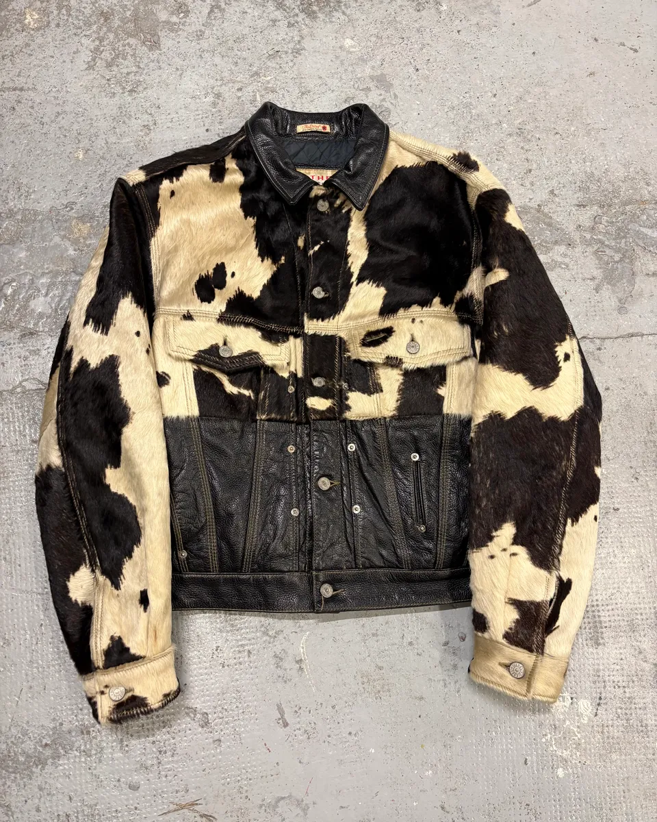 2000s Diesel Western Cow Fur Black Leather Trucker Jacket
