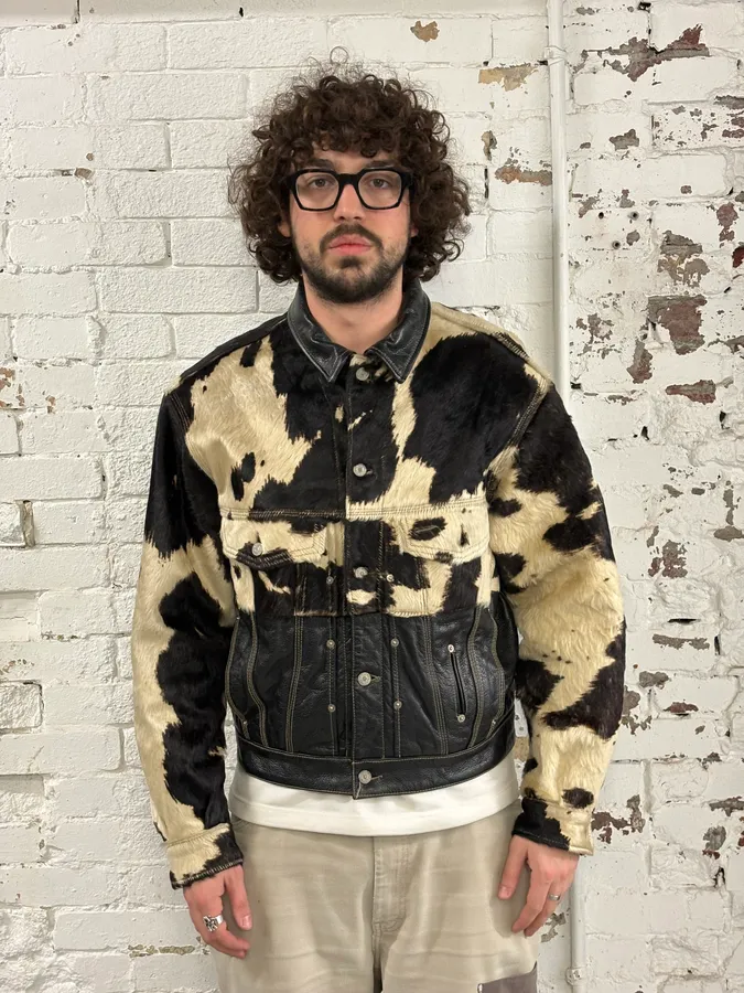 2000s Diesel Western Cow Fur Black Leather Trucker Jacket - Image 2
