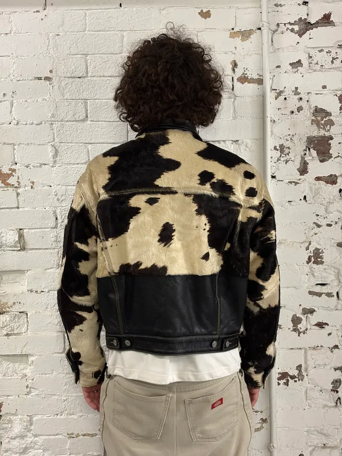 2000s Diesel Western Cow Fur Black Leather Trucker Jacket - Image 3