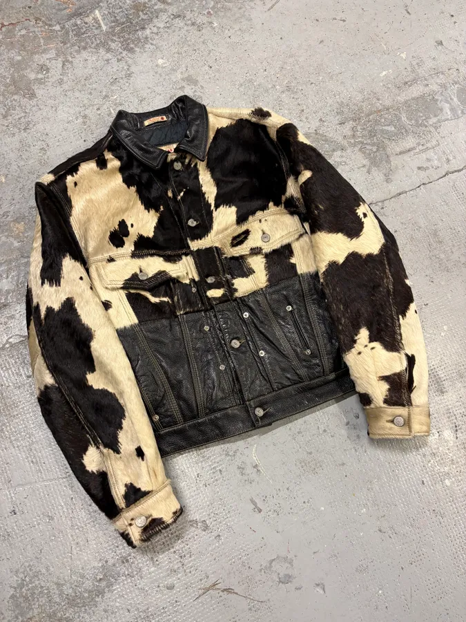 2000s Diesel Western Cow Fur Black Leather Trucker Jacket - Image 4