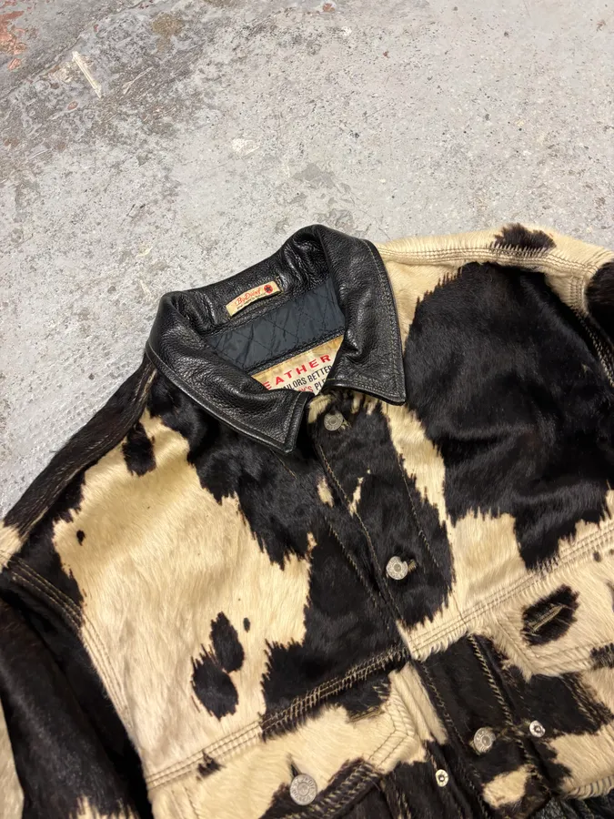 2000s Diesel Western Cow Fur Black Leather Trucker Jacket - Image 5