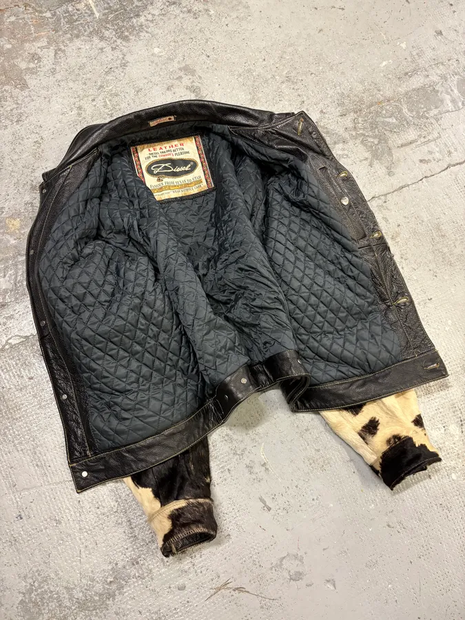 2000s Diesel Western Cow Fur Black Leather Trucker Jacket - Image 7