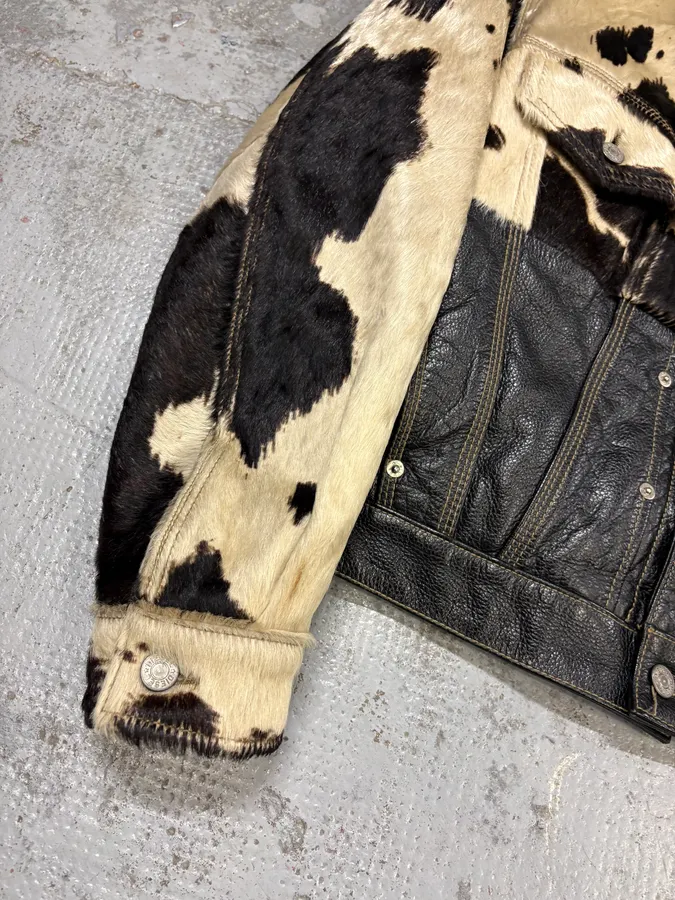 2000s Diesel Western Cow Fur Black Leather Trucker Jacket - Image 8