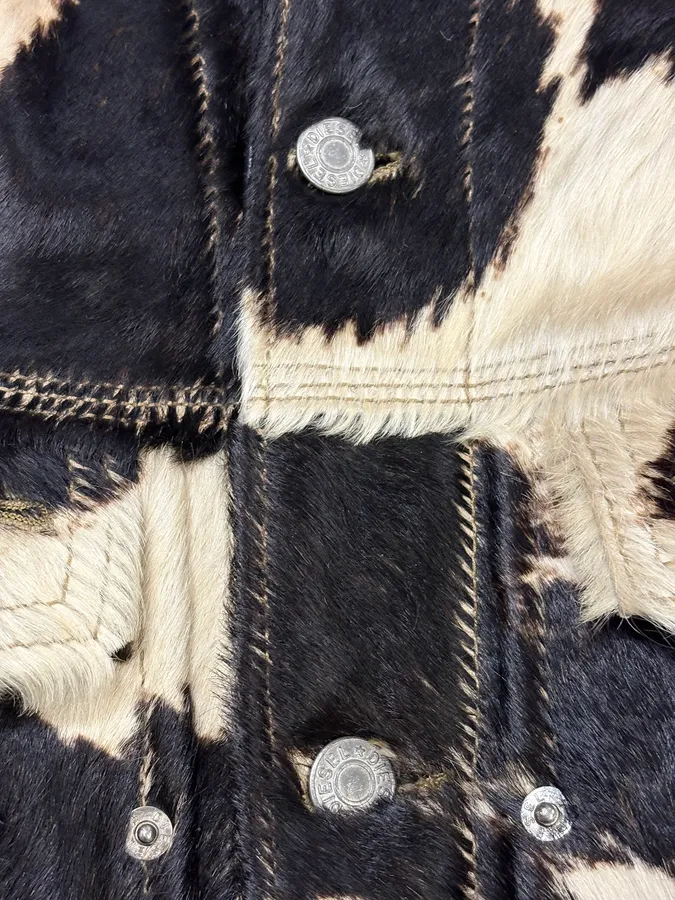 2000s Diesel Western Cow Fur Black Leather Trucker Jacket - Image 9
