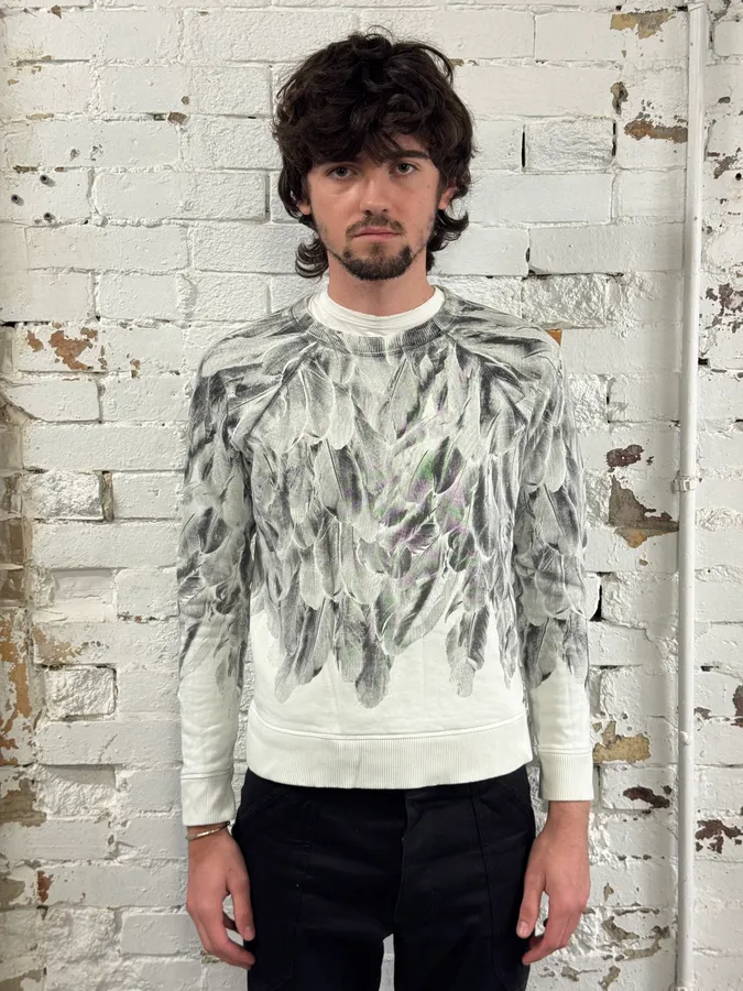 2000s Diesel White & Grey Feather Print Sweater - Image 2
