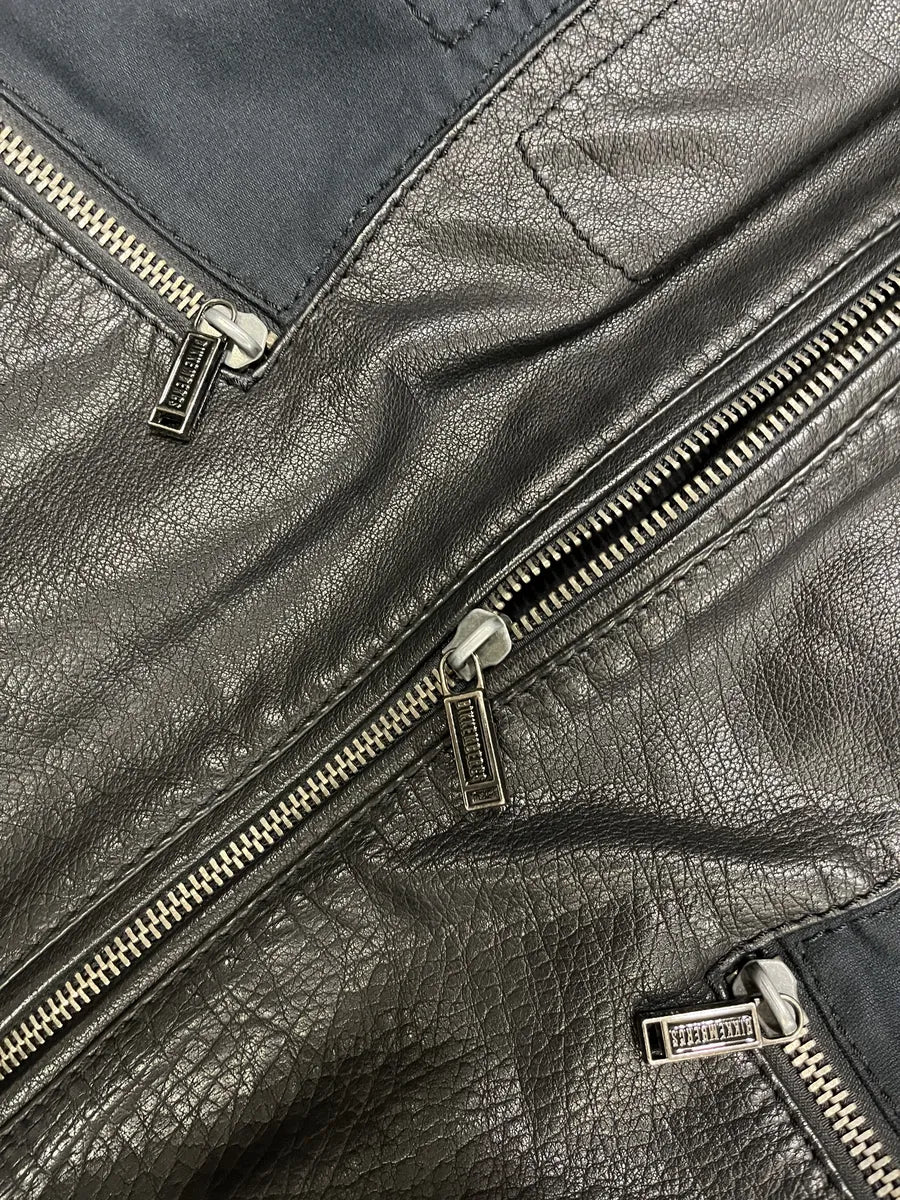 2000s Dirk Bikkembergs Hybrid Biker Leather Jacket Black & Navy - Image 10