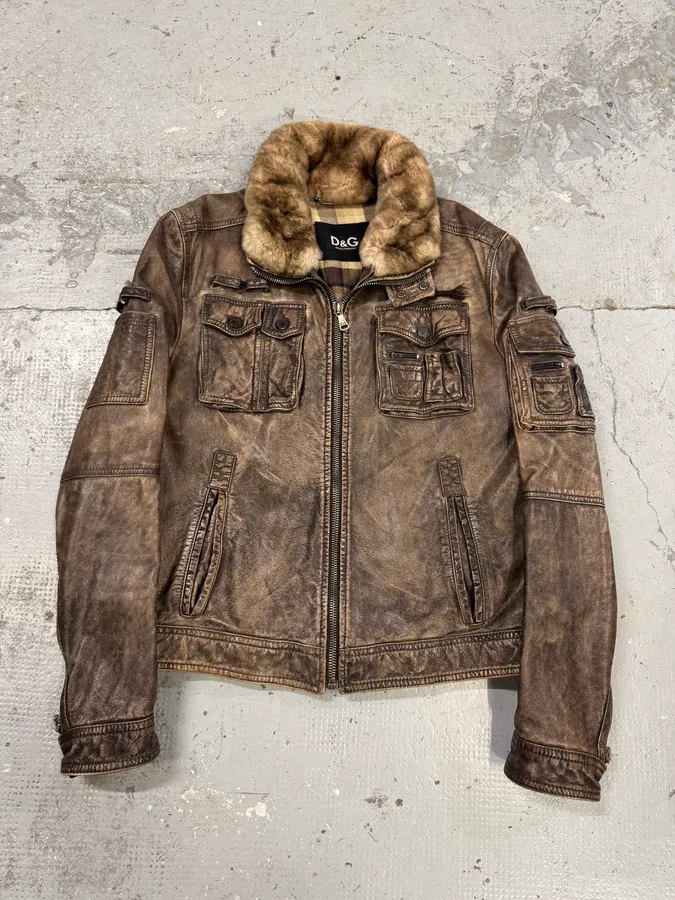 2000s Dolce & Gabba Cargo Hunter Fur Collar Brown Leather Jacket