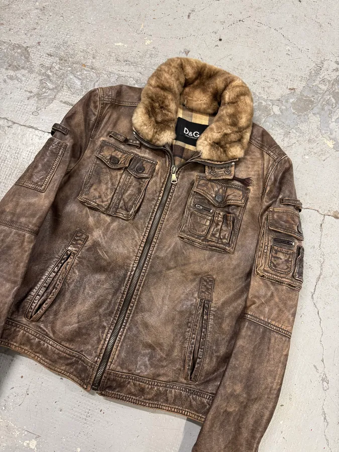 2000s Dolce & Gabba Cargo Hunter Fur Collar Brown Leather Jacket - Image 3