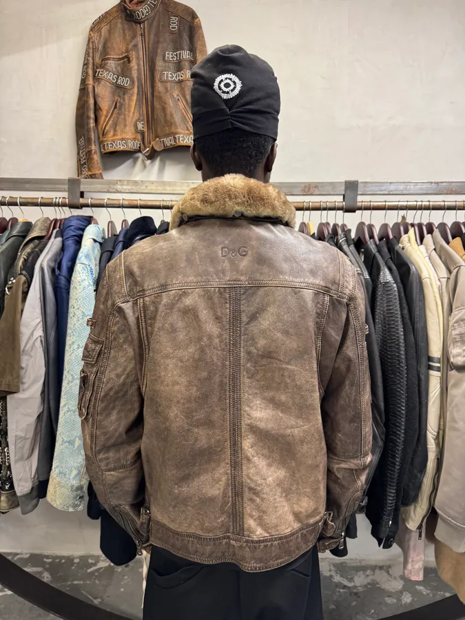 2000s Dolce & Gabba Cargo Hunter Fur Collar Brown Leather Jacket - Image 4