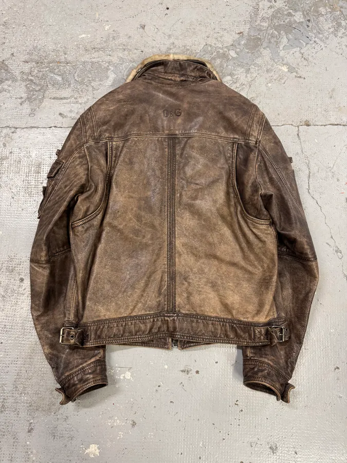 2000s Dolce & Gabba Cargo Hunter Fur Collar Brown Leather Jacket - Image 5
