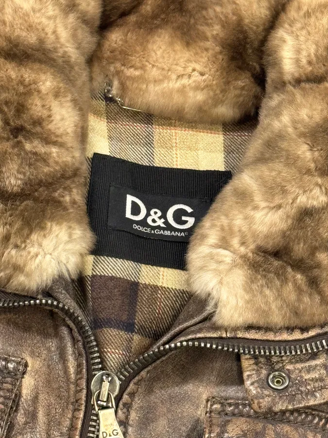 2000s Dolce & Gabba Cargo Hunter Fur Collar Brown Leather Jacket - Image 6