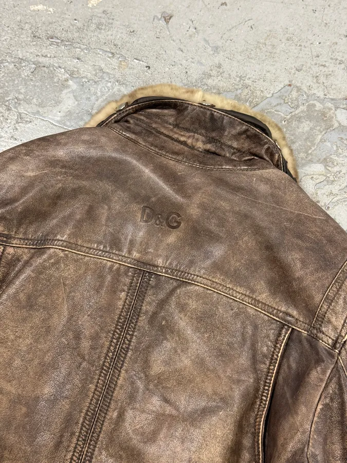 2000s Dolce & Gabba Cargo Hunter Fur Collar Brown Leather Jacket - Image 7