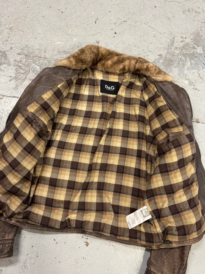 2000s Dolce & Gabba Cargo Hunter Fur Collar Brown Leather Jacket - Image 8
