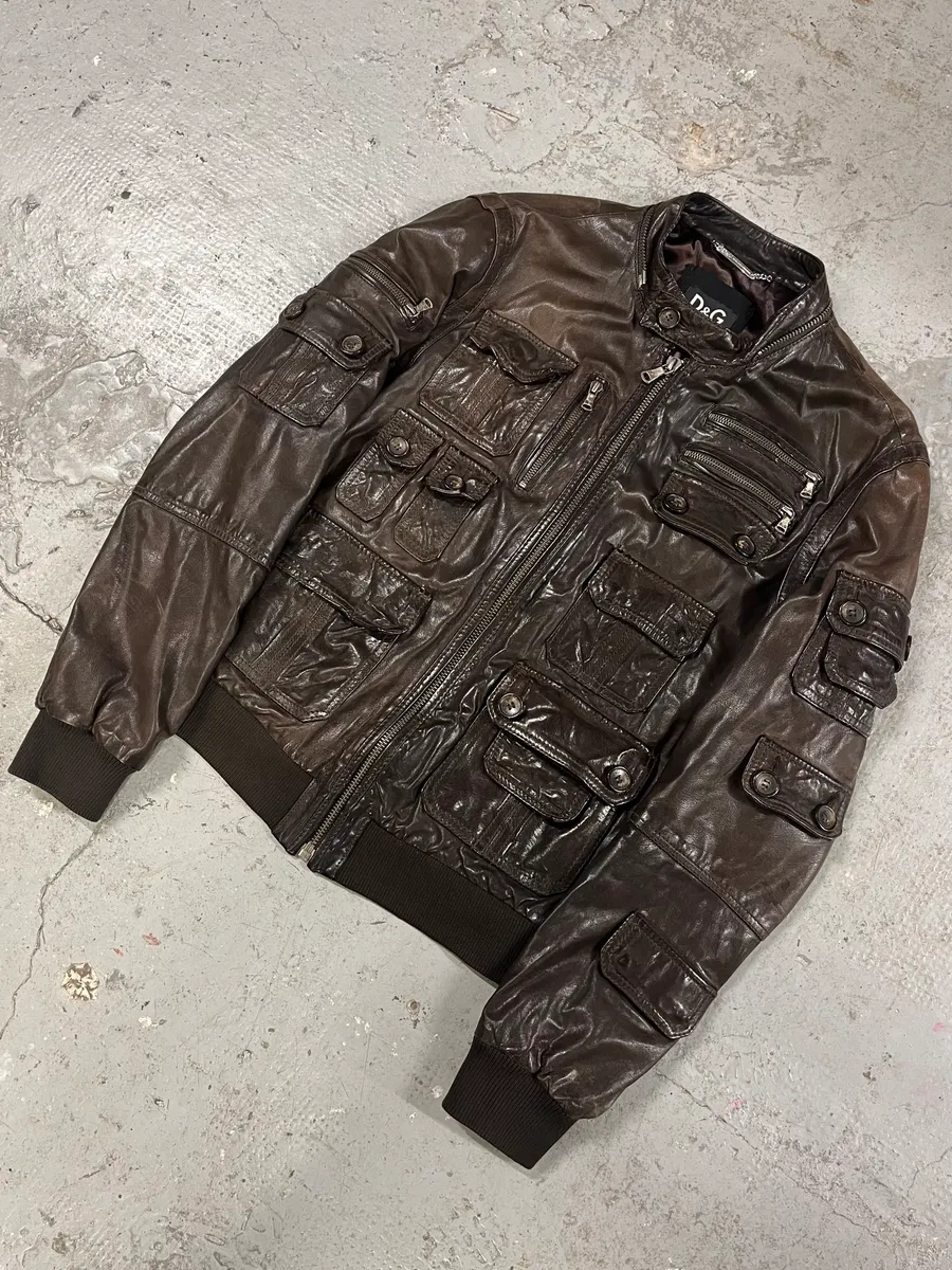 2000s Dolce & Gabbana Army Multi-Pocket Brown Leather Jacket - Image 2
