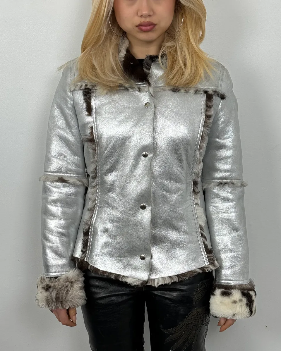 2000s Dolce & Gabbana Astro Silver Grey Fur Leather Jacket
