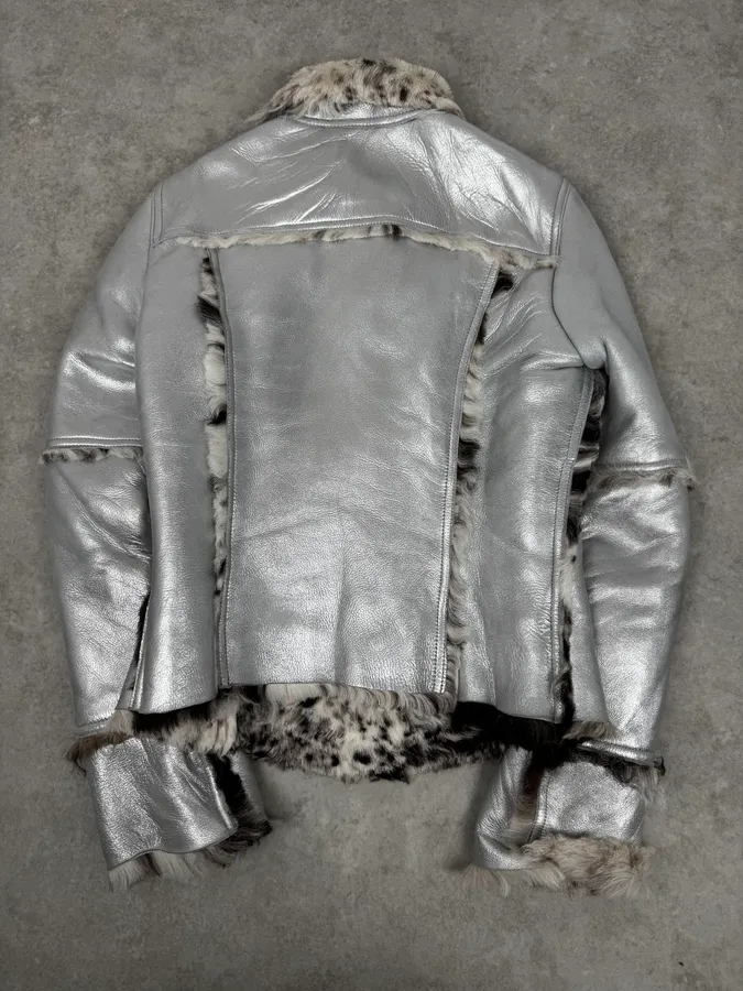 2000s Dolce & Gabbana Astro Silver Grey Fur Leather Jacket - Image 4