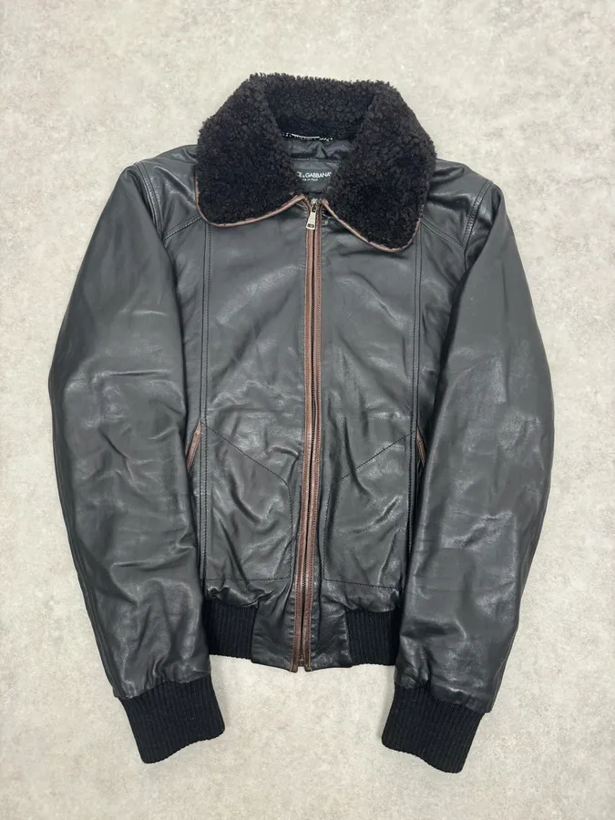 2000s Dolce & Gabbana Aviator Black Shearling Collar Leather Jacket