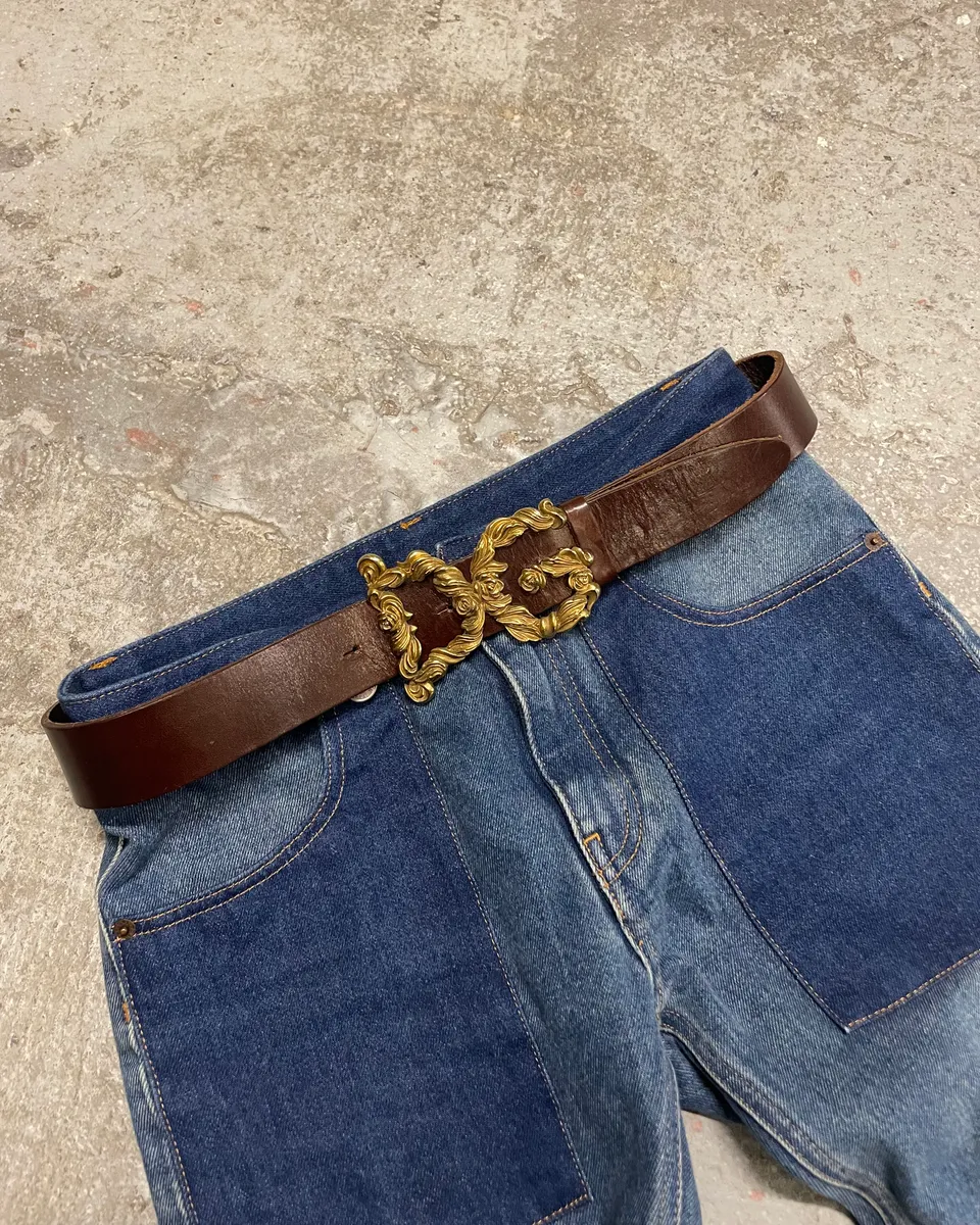 2000s Dolce & Gabbana Baroque Golden Buckle Leather Belt