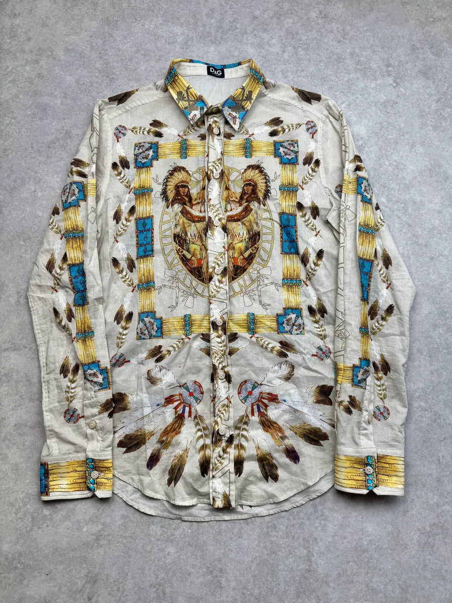 2000s Dolce & Gabbana Beige Iroquois Chief Portrait Shirt