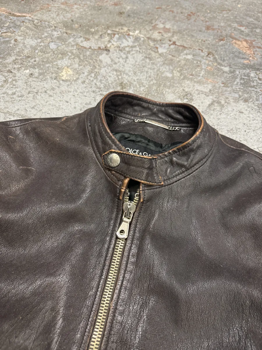2000s Dolce & Gabbana Biker Brown Leather Jacket - Image 9