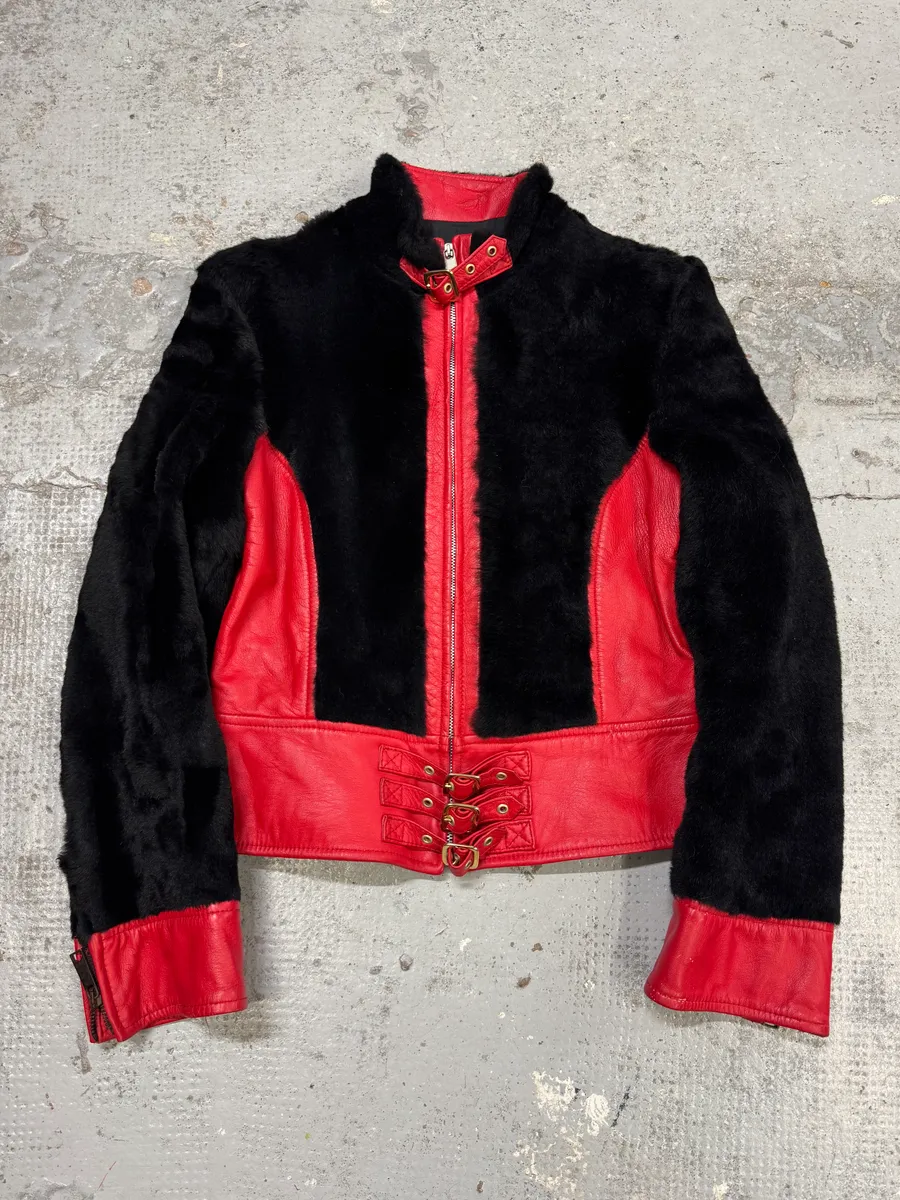 2000s Dolce & Gabbana Biker Leather Red & Black Fur Moto Leather Jacket