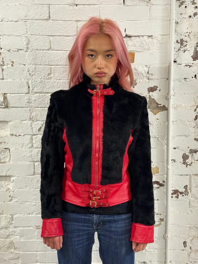 2000s Dolce & Gabbana Biker Leather Red & Black Fur Moto Leather Jacket - Image 2