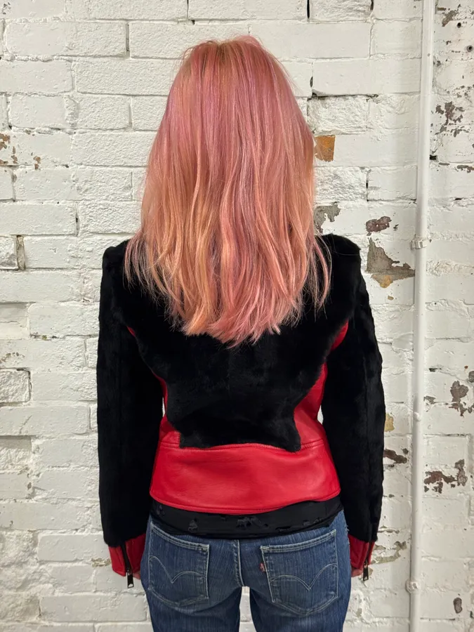 2000s Dolce & Gabbana Biker Leather Red & Black Fur Moto Leather Jacket - Image 3