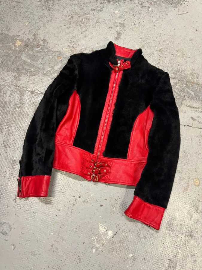 2000s Dolce & Gabbana Biker Leather Red & Black Fur Moto Leather Jacket - Image 4