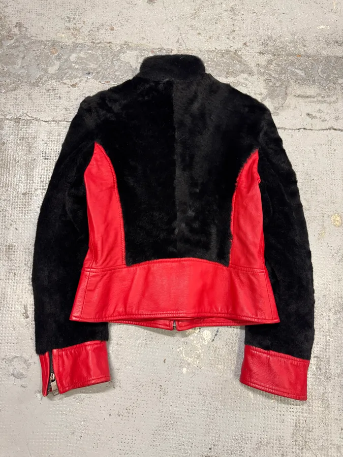 2000s Dolce & Gabbana Biker Leather Red & Black Fur Moto Leather Jacket - Image 5