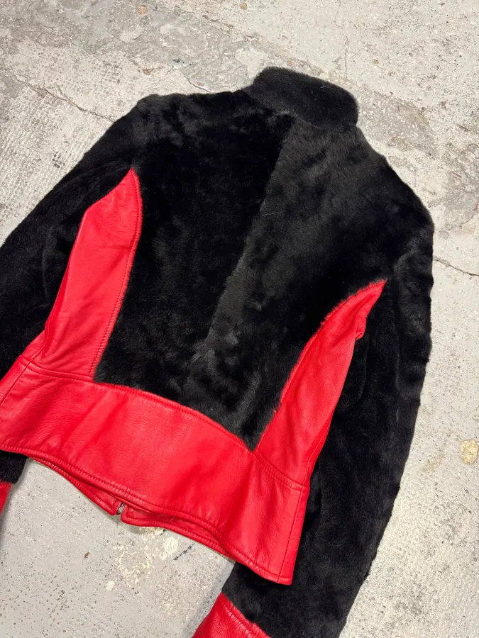 2000s Dolce & Gabbana Biker Leather Red & Black Fur Moto Leather Jacket - Image 6