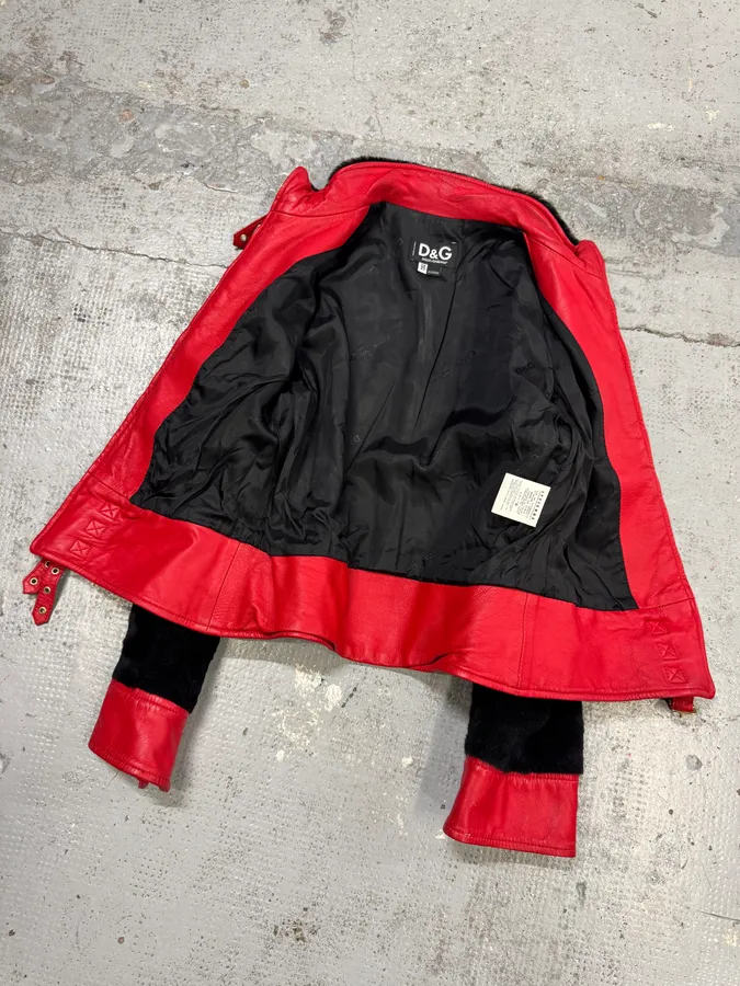 2000s Dolce & Gabbana Biker Leather Red & Black Fur Moto Leather Jacket - Image 8