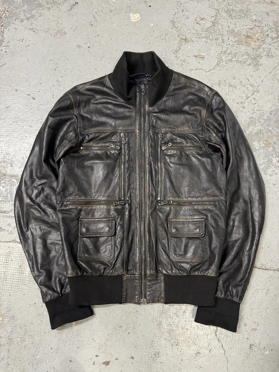 2000s Dolce & Gabbana Black Aged Zip Leather Jacket