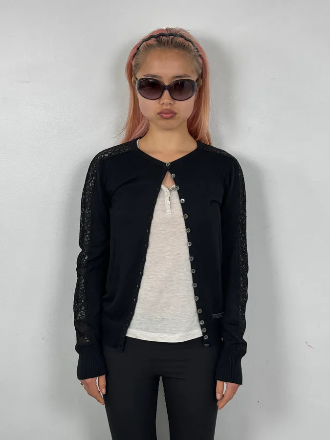 2000s Dolce & Gabbana Black Lace Button Up Wool Cardigan - Image 2