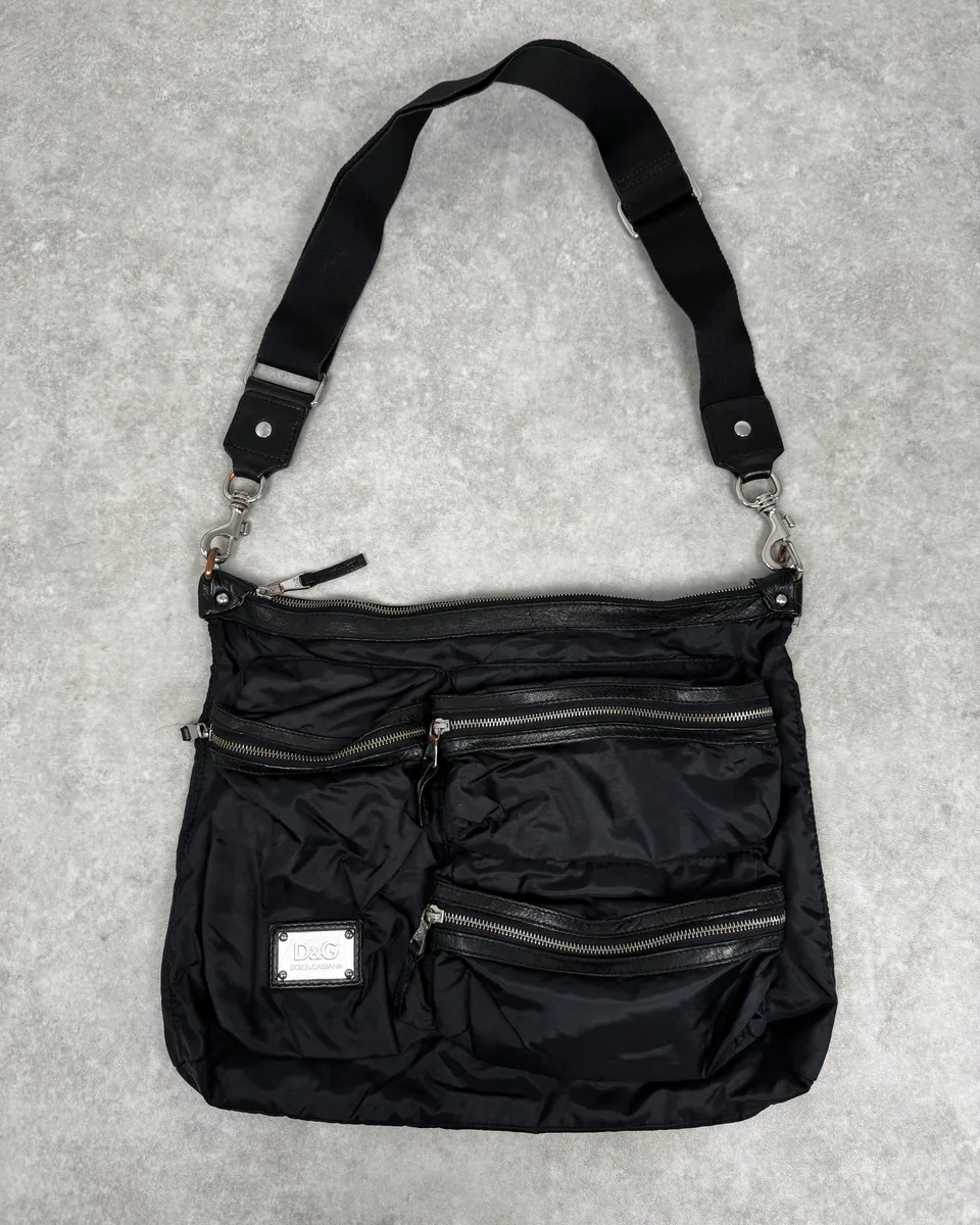 2000s Dolce & Gabbana Black Nylon Zip Cargo Shoulder Bag