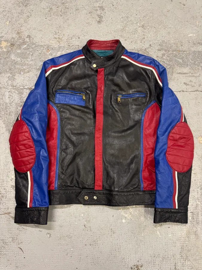 2000s Dolce & Gabbana Blue & Black Racing Biker Leather Jacket