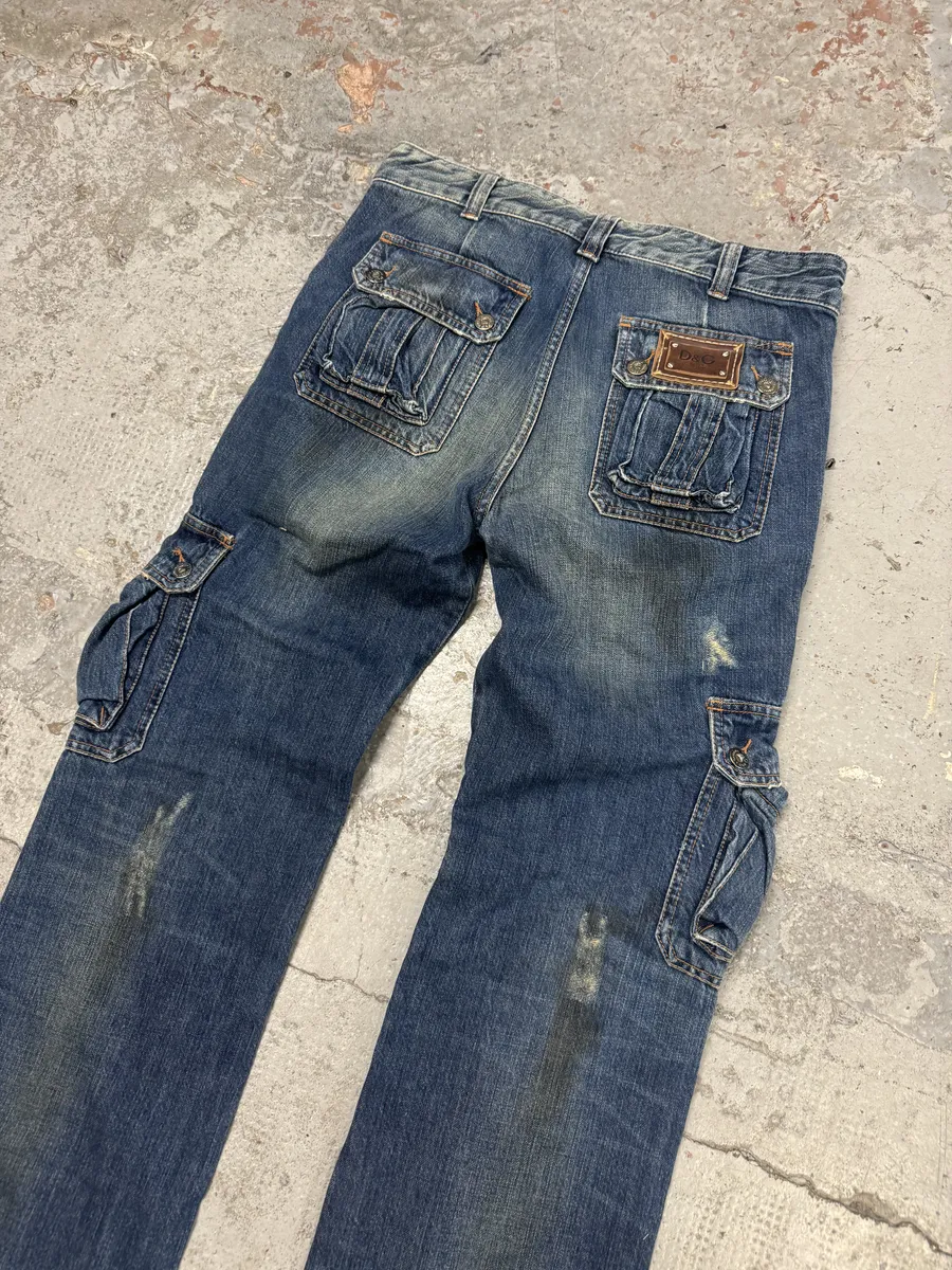 2000s Dolce & Gabbana Blue Faded Cargo Denim Jeans - Image 7