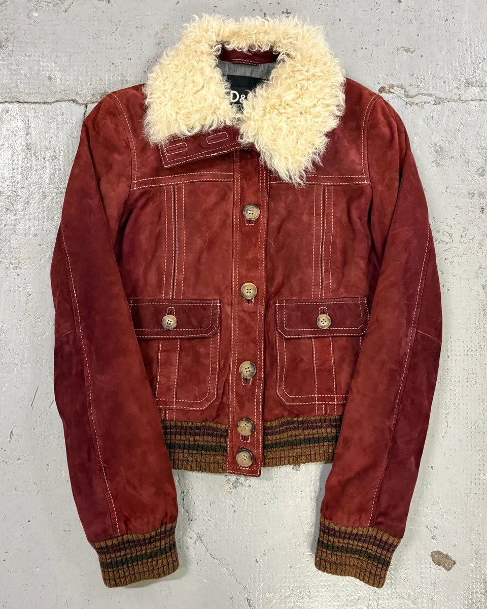 2000s Dolce & Gabbana Bordeaux Sherpa Collar Leather Jacket