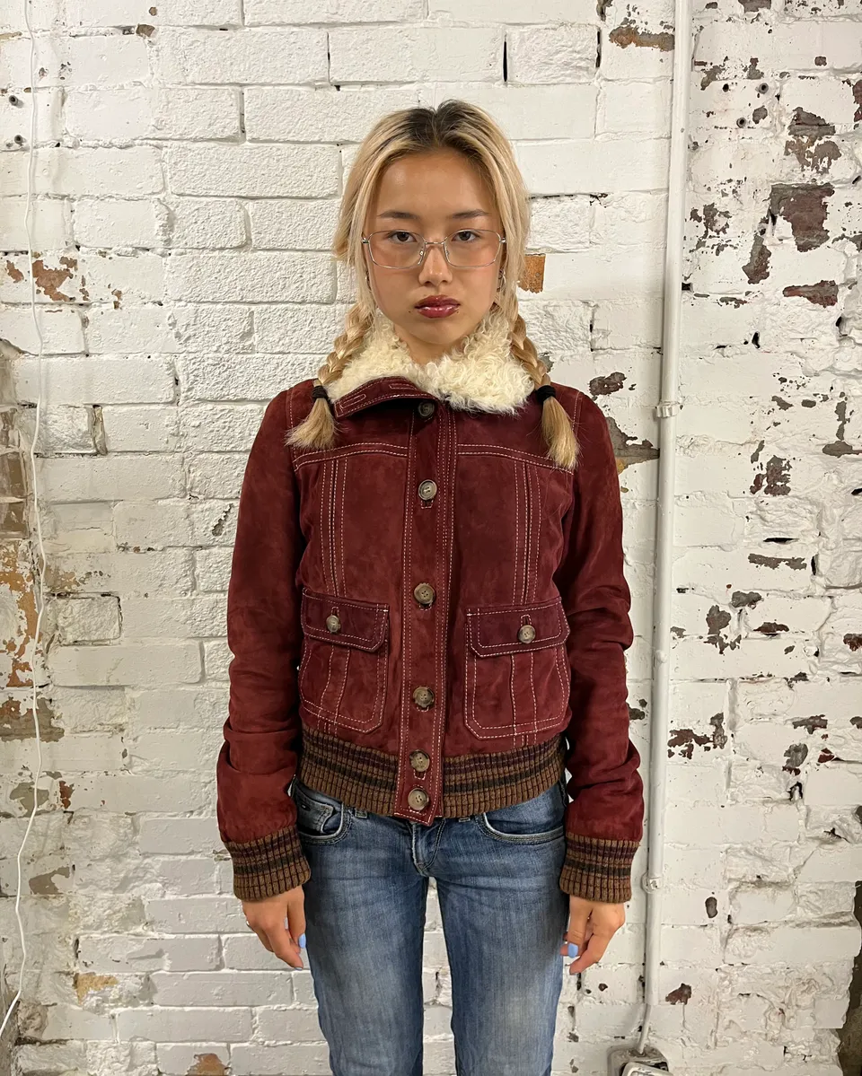 2000s Dolce & Gabbana Bordeaux Sherpa Collar Leather Jacket - Image 2