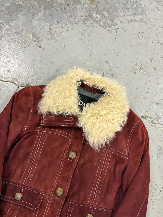 2000s Dolce & Gabbana Bordeaux Sherpa Collar Leather Jacket - Image 4