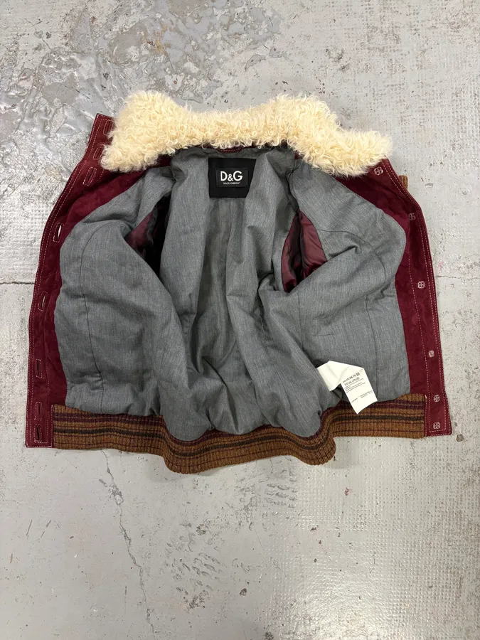 2000s Dolce & Gabbana Bordeaux Sherpa Collar Leather Jacket - Image 7