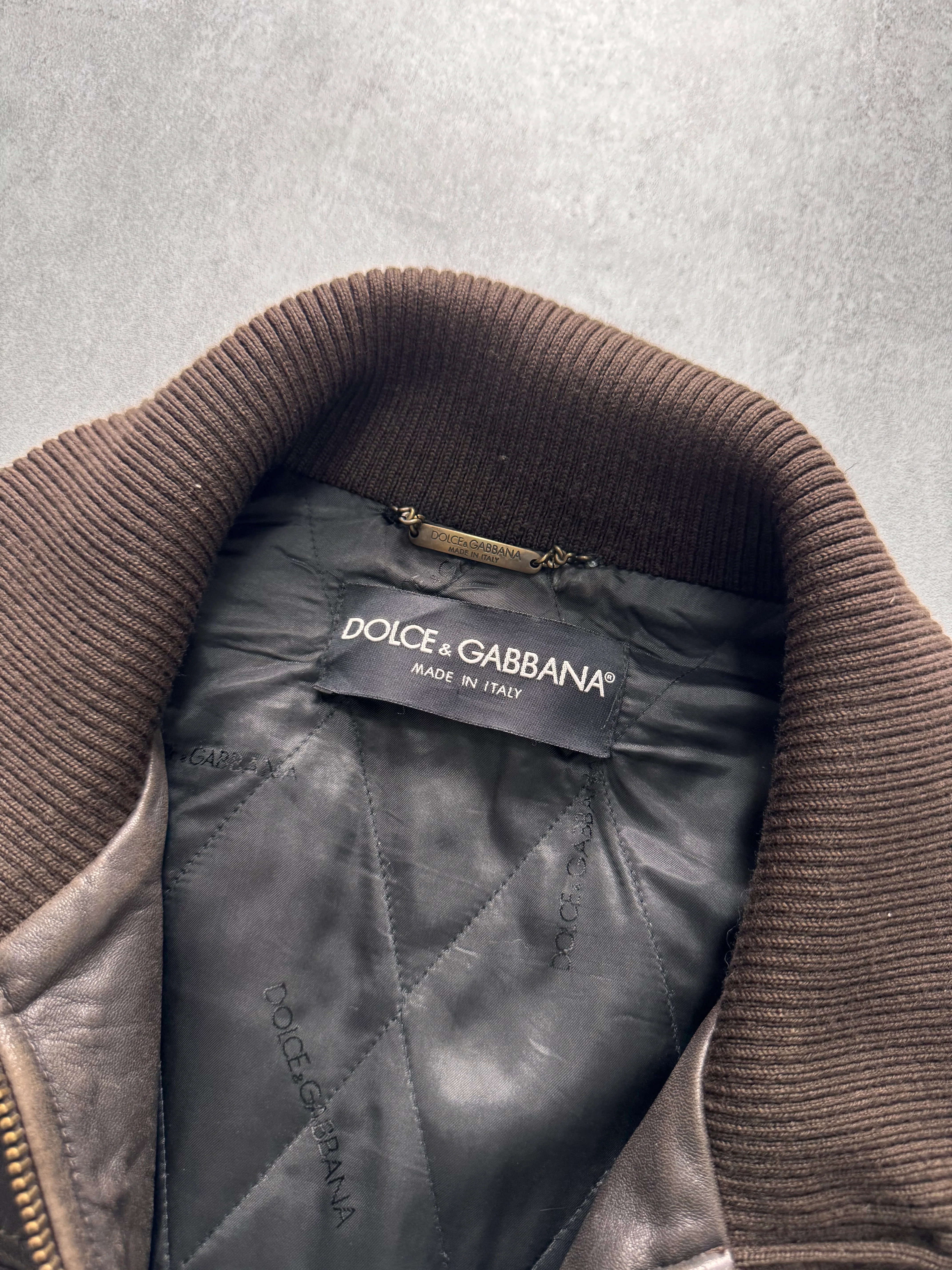 2000s Dolce & Gabbana Brown Aviator Aged Leather Jacket - Image 8