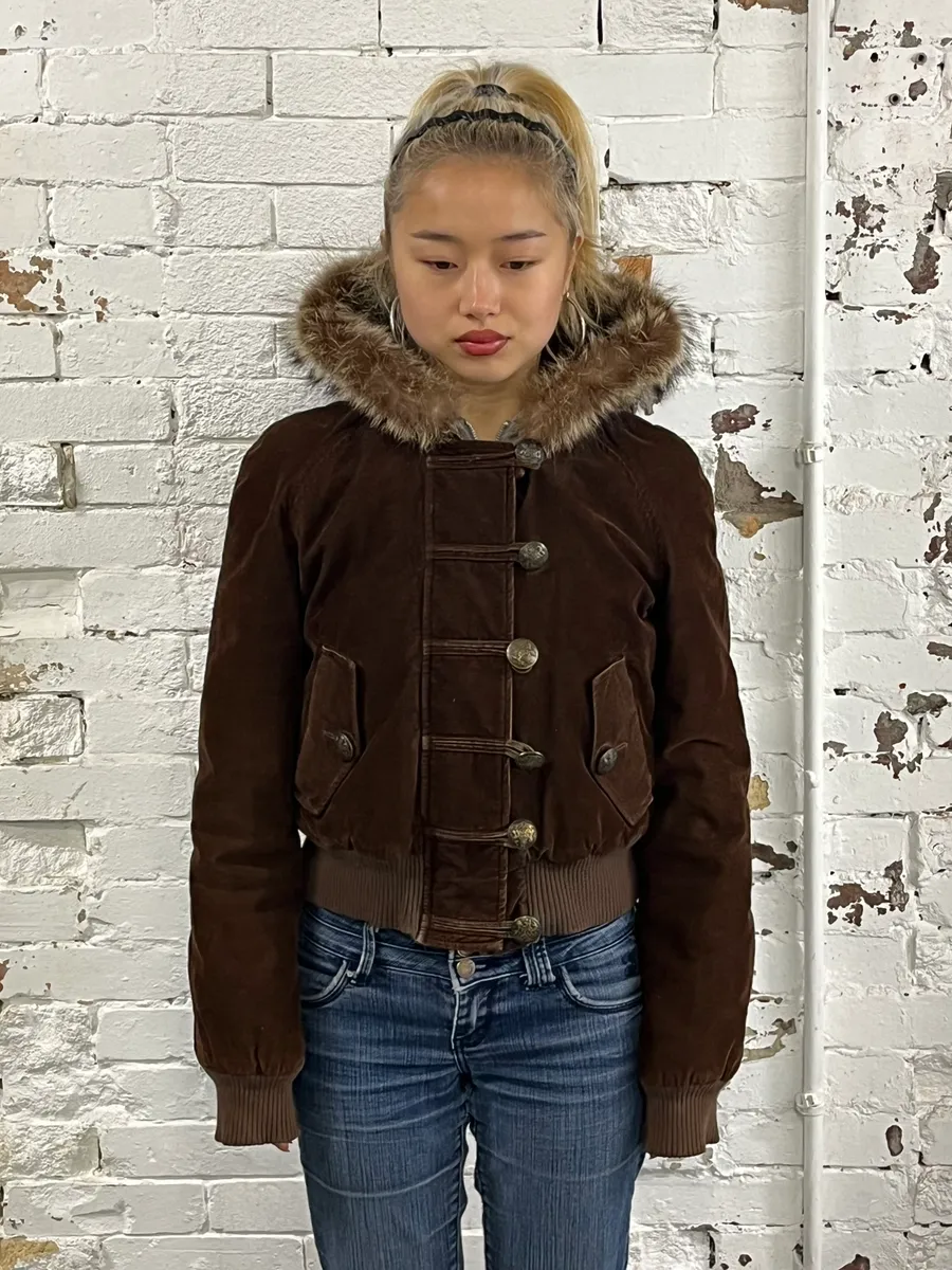2000s Dolce & Gabbana Brown Corduroy Fur Hood Buttoned Jacket - Image 2