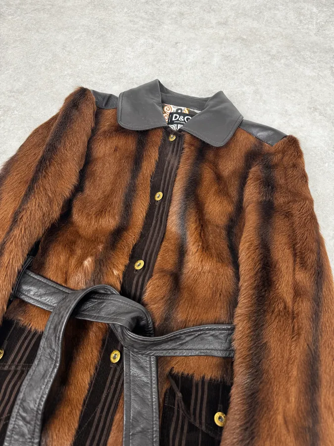 2000s Dolce & Gabbana Brown Fur Leather Trench Coat - Image 5