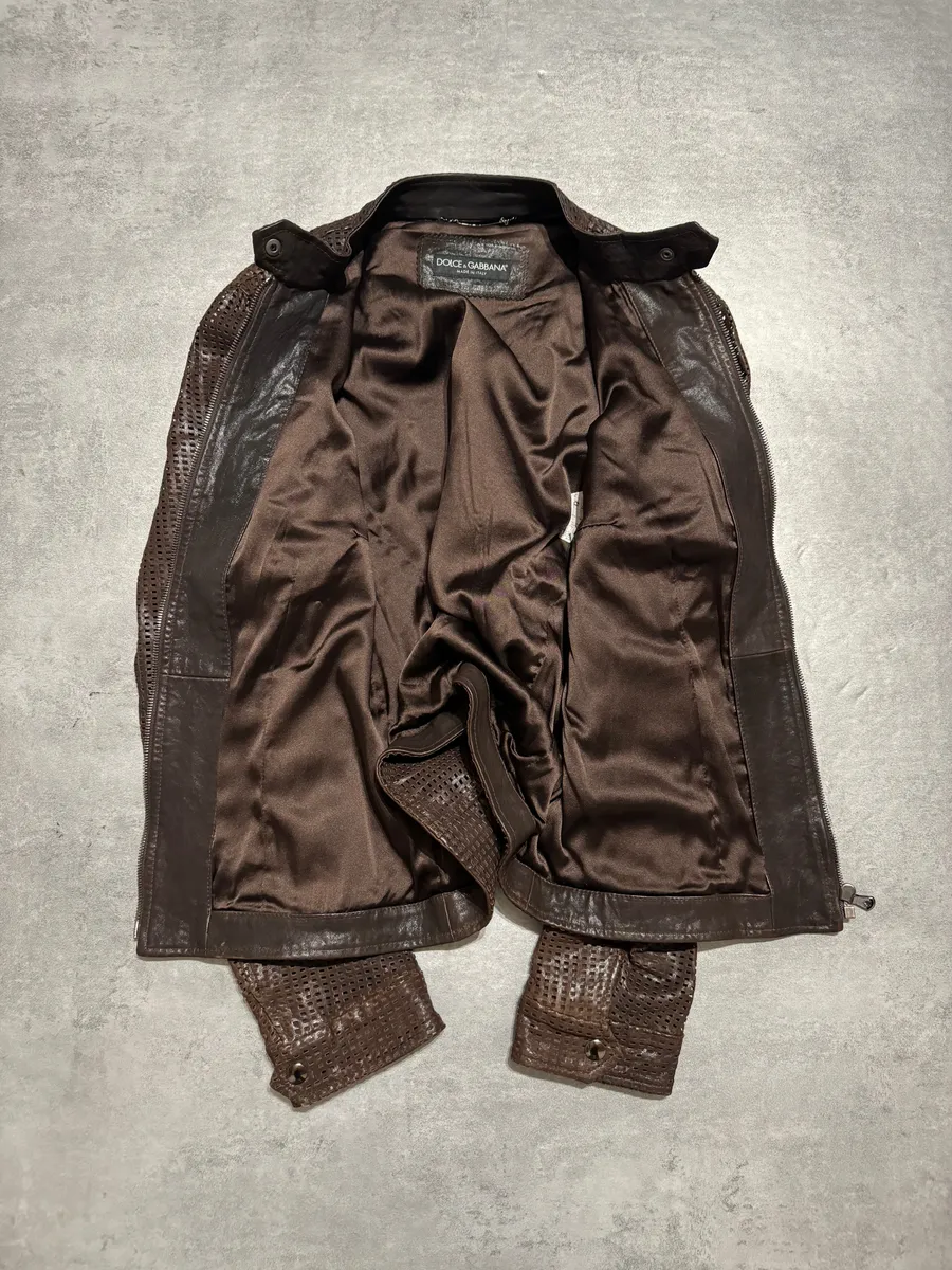 2000s Dolce & Gabbana Brown Lambskin Chequered Leather Jacket - Image 5