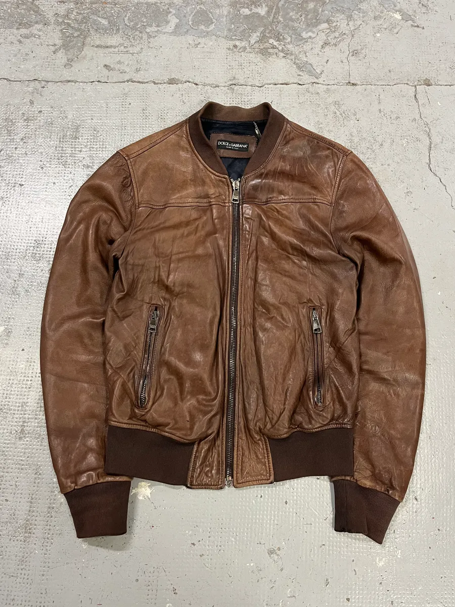 2000s Dolce & Gabbana Brown Leather Bomber Jacket
