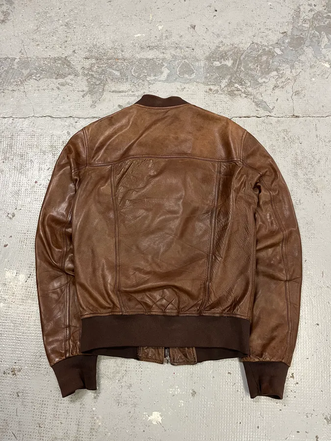 2000s Dolce & Gabbana Brown Leather Bomber Jacket - Image 7