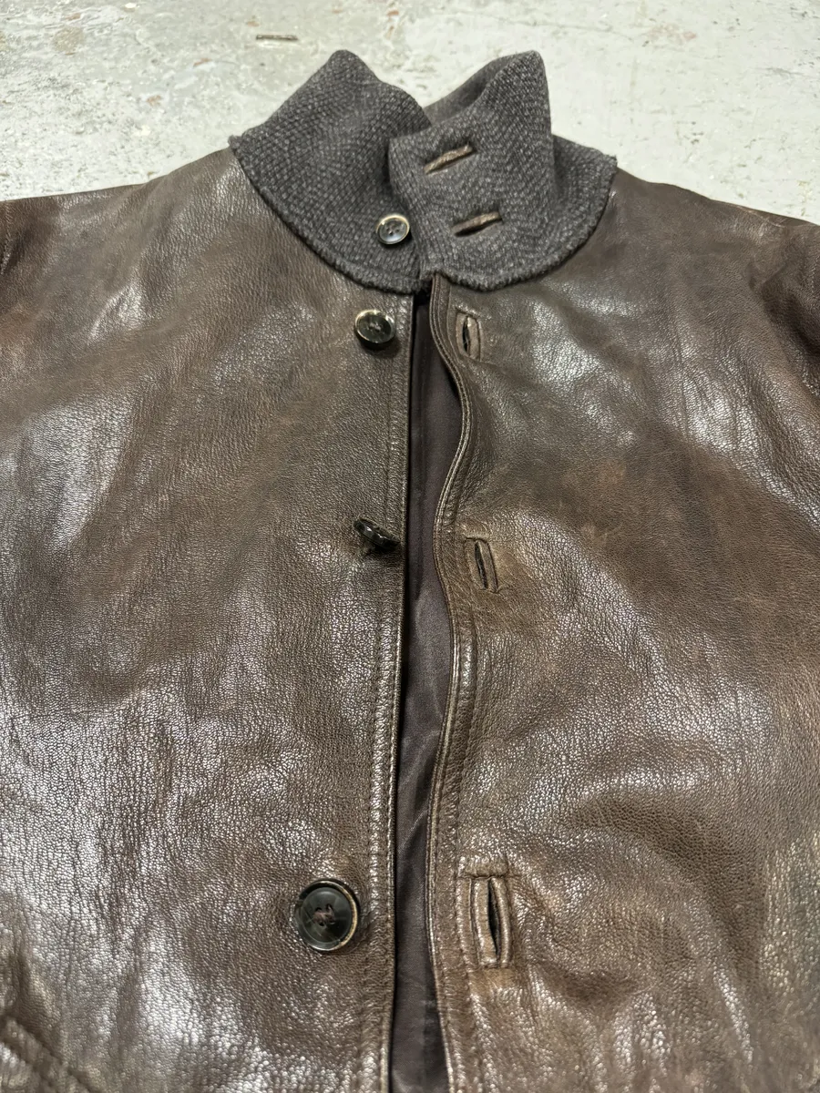 2000s Dolce & Gabbana Brown Leather Buttoned Mafia Jacket - Image 11