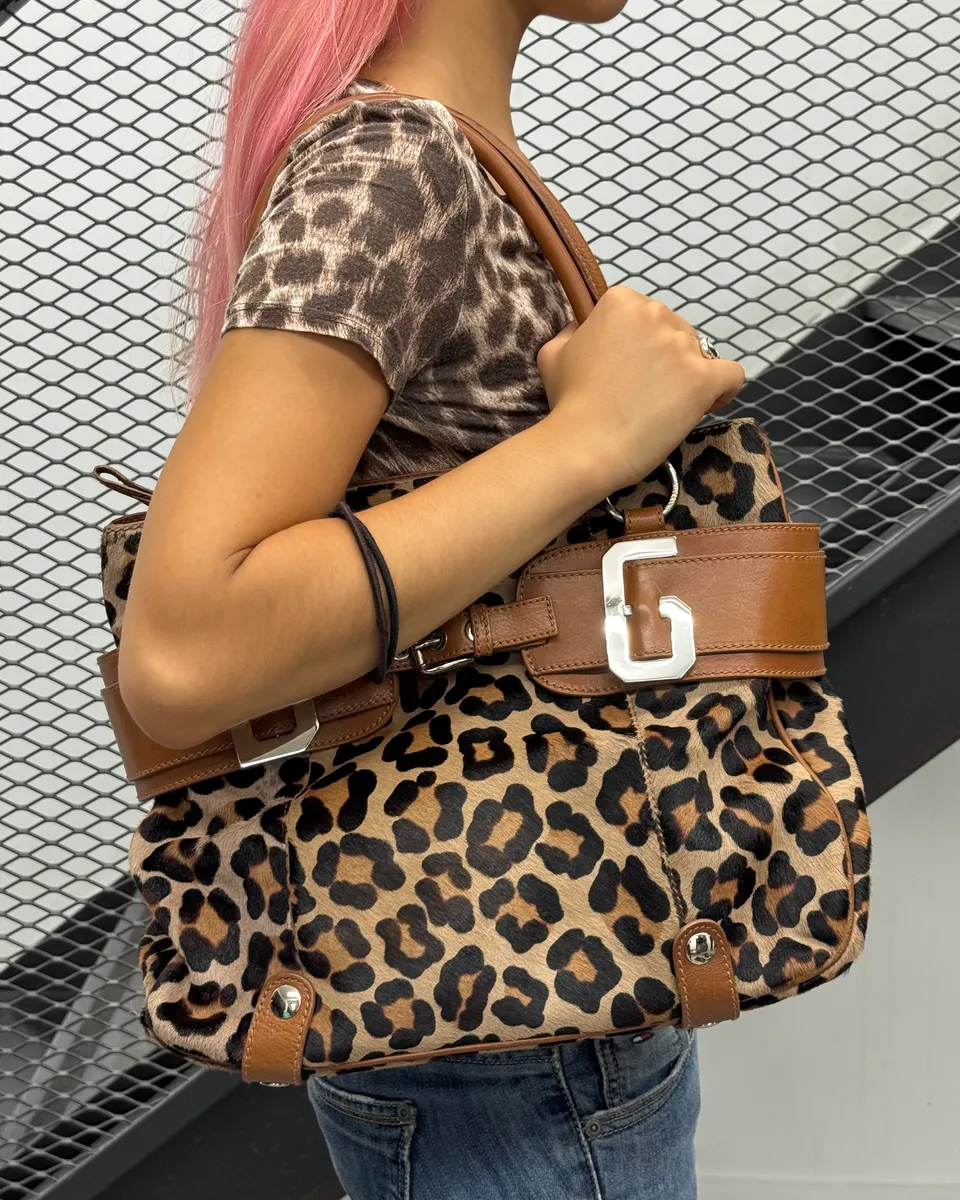 2000s Dolce & Gabbana Brown Leather Leopard Pony Hair Handle Bag - Image 2