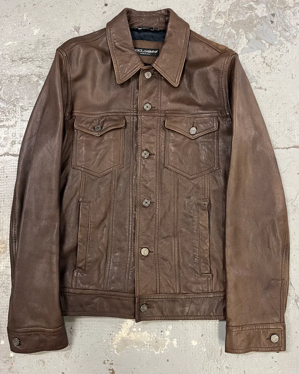 2000s Dolce & Gabbana Brown Leather Trucker Jacket